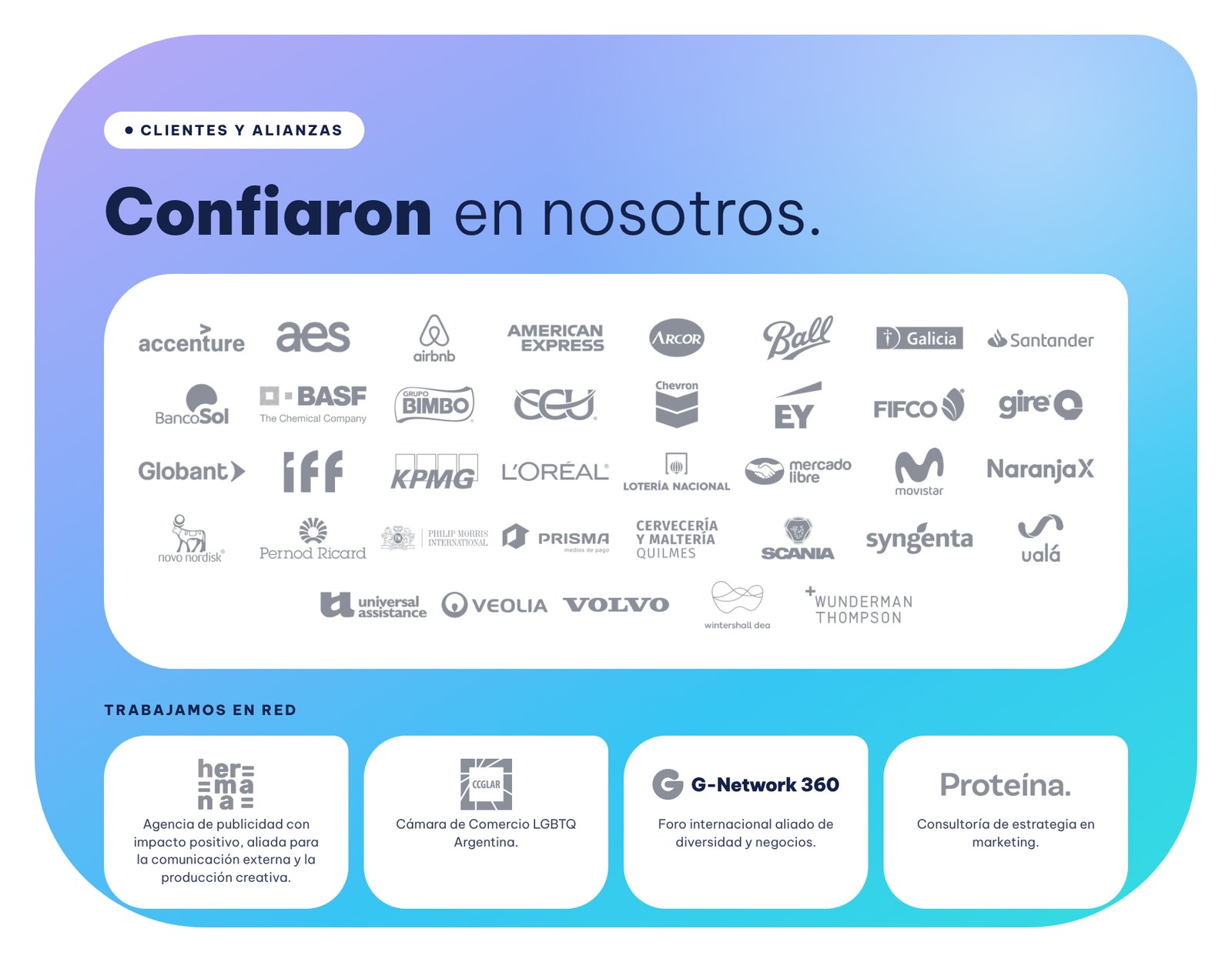 Clientes y aliados de Bridge The Gap: Accenture, Airbnb, Arcor, Banco Galicia, Mercado Libre, Naranja X, Scania, Volvo y más